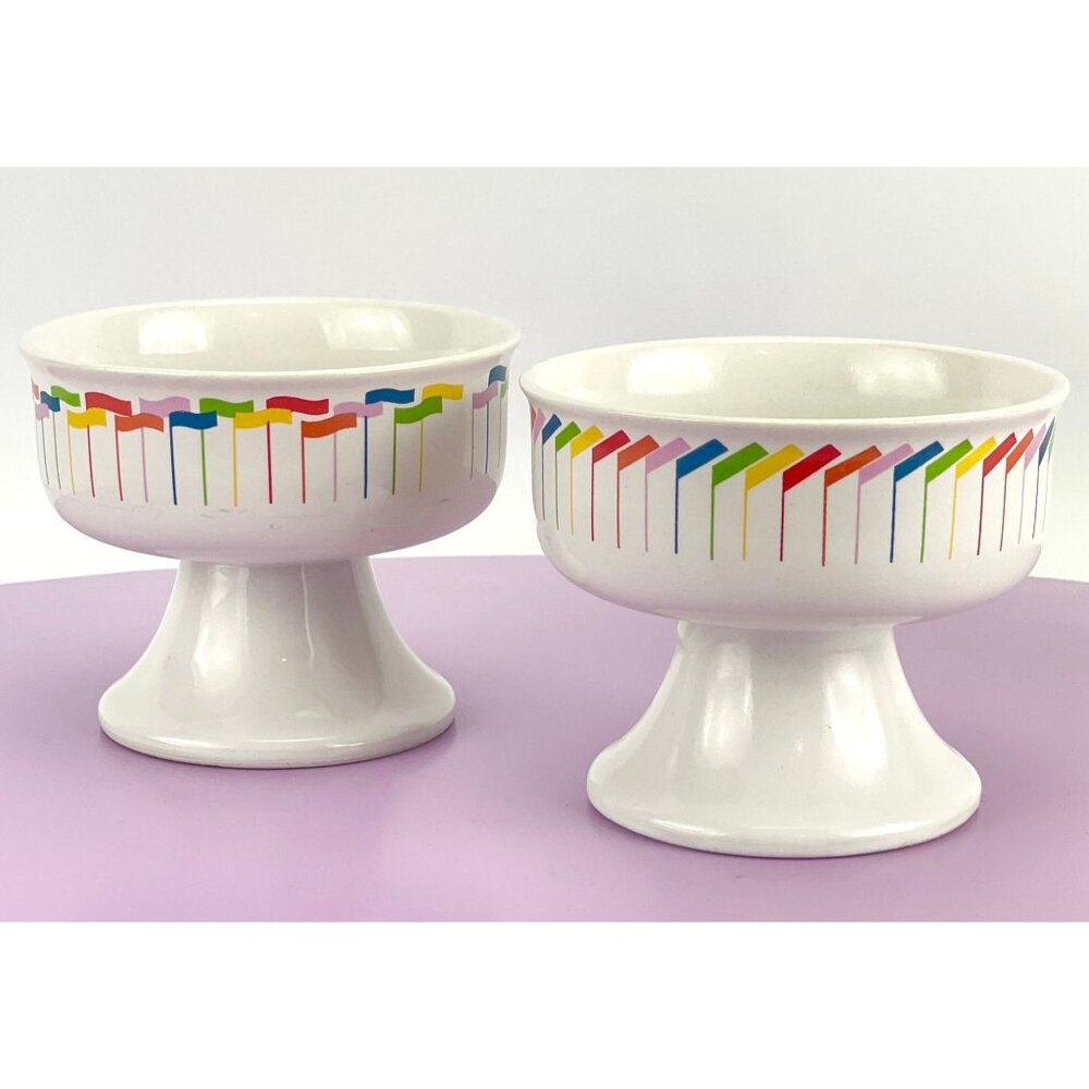 Vintage 80s dessert cups, Korea ceramic footed bowls, primary colors flags, pair - Picture 3 of 9
